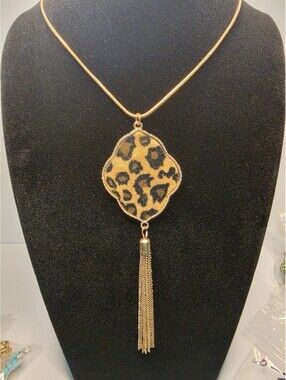 Leopard Quatrefoil Pendant Long Necklace w/ Tassel Fringe for Women - Boho Style